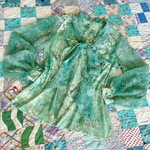 Vintage 70s Seafoam Floral Sheer Balloon Sleeve Ascot Tie Blouse M L